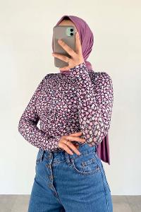 Lilac Crew Neck Long Arm Without Accessories Cotton Fabric Printed Blouse
