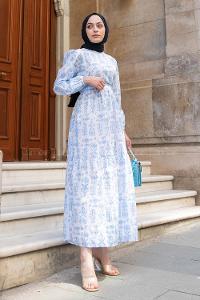 Light Blue Crew Neck Poplin Fabric Printed Dresess