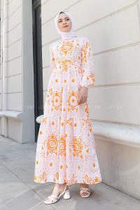 Orange Crew Neck Cotton Printed Dresess