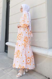 Orange Crew Neck Cotton Printed Dresess