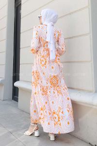 Orange Crew Neck Cotton Printed Dresess