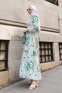 Green Crew Neck Cotton Printed Dresess