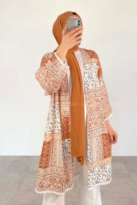 Tan Bat Sleeve Arm Without Accessories Linen Plaid Kimono