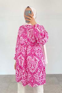 Pink Shirt Collar Cotton Printed Tunic