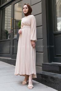 Cream Crew Neck Ayrobin Unprinted Dresess