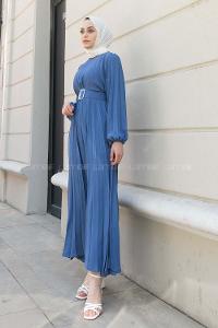 Blue Crew Neck Ayrobin Unprinted Dresess