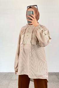 Beige Hood Neck Cotton Printed Tunic