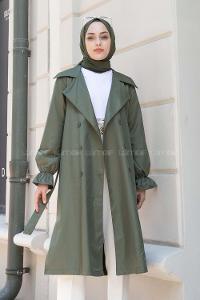 Army Green Long Arm Belted Buttoned Viscose Fabric Trench Coat
