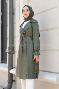 Army Green Long Arm Belted Buttoned Viscose Fabric Trench Coat
