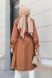 Tan Long Arm Belted Buttoned Viscose Fabric Trench Coat