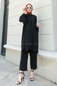 Black Mandarin Collar Reglan Sleeveless Arm Beaded Cotton Regular Trousers Comfortable Suit