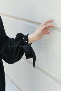 Black Mandarin Collar Reglan Sleeveless Arm Beaded Cotton Regular Trousers Comfortable Suit