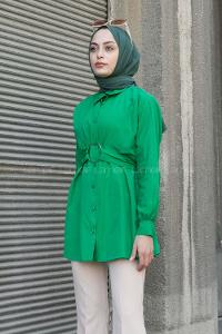 Green Shirt Collar Poplin Fabric Unprinted Tunic