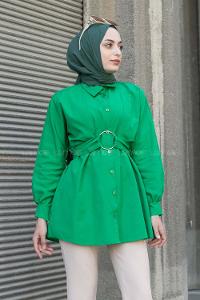 Green Shirt Collar Poplin Fabric Unprinted Tunic