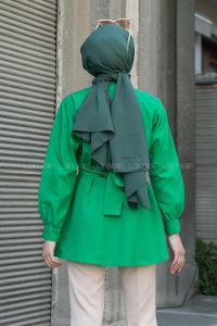 Green Shirt Collar Poplin Fabric Unprinted Tunic