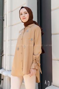 Camel Shirt Collar Long Arm Poplin Fabric Unprinted Shirt