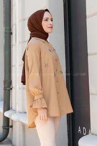 Camel Shirt Collar Long Arm Poplin Fabric Unprinted Shirt