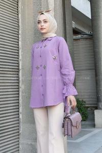 Lilac Shirt Collar Long Arm Poplin Fabric Unprinted Shirt