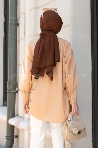 Brown With Milk Shirt Collar Long Arm Linen Unprinted Shirt