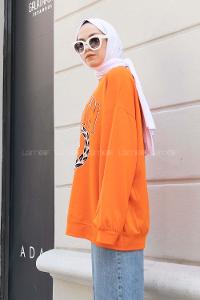 Orange Crew Neck Long Arm Printed Sweatshirt