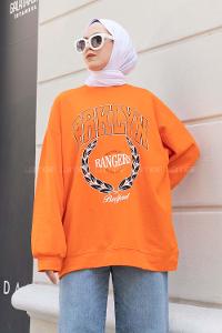Orange Crew Neck Long Arm Printed Sweatshirt