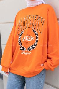 Orange Crew Neck Long Arm Printed Sweatshirt