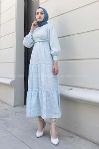 Baby Blue Crew Neck Cotton Fabric Printed Dresess