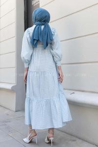 Baby Blue Crew Neck Cotton Fabric Printed Dresess