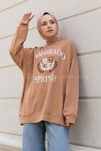 Brown With Milk Crew Neck Long Arm Printed Sweatshirt