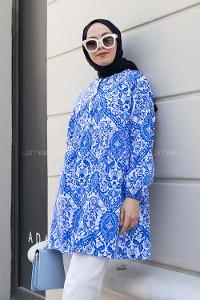 Blue Shirt Collar Cotton Printed Tunic