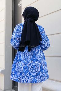 Blue Shirt Collar Cotton Printed Tunic