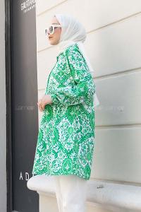 Green Shirt Collar Cotton Printed Tunic