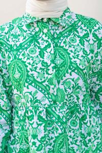 Green Shirt Collar Cotton Printed Tunic