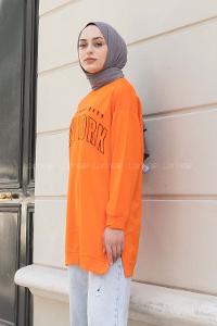 Orange Crew Neck Long Arm Printed Sweatshirt