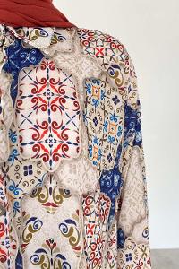 Modalamelif Etnik Desen Dijital Baskı Gömlek Ekru