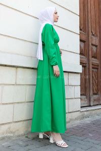 Green Medium Crew Neck Cotton Fabric Unprinted Dresess