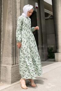 Pistachio Green Crew Neck Cotton Printed Dresess