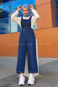 Lamelif Koyu Mavi Tesettür Model Kot Tulum