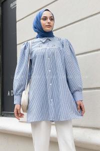 Blue Shirt Collar Long Arm Balloon Sleeve Arm Cotton Fabric Printed Shirt