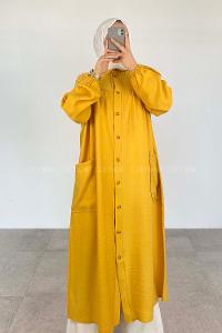 Yellow Shirt Collar Linen Unprinted Dresess