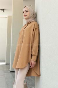 Brown With Milk Shirt Collar Poplin Fabric Unprinted Tunic
