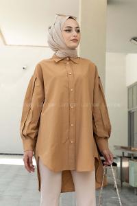 Brown With Milk Shirt Collar Poplin Fabric Unprinted Tunic
