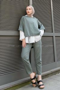 Modalamelif Asimetrik Garnili 3lü Takım Haki