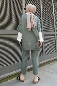 Modalamelif Asimetrik Garnili 3lü Takım Haki