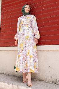 Modalamelif Çiçek Desenli Etek Ucu Volanlı Saten Elbise Sarı- Lila