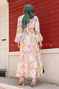 Modalamelif Çiçek Desenli Etek Ucu Volanlı Saten Elbise Sarı- Lila