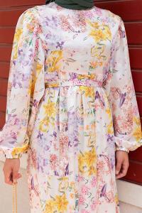 Modalamelif Çiçek Desenli Etek Ucu Volanlı Saten Elbise Sarı- Lila