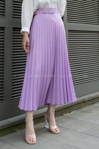 Modalamelif Kaplama Kemer Detaylı Piliseli Krep Etek Lila