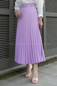 Modalamelif Kaplama Kemer Detaylı Piliseli Krep Etek Lila