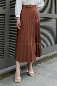 Tan Viscose Fabric Unprinted Pleated Skirt